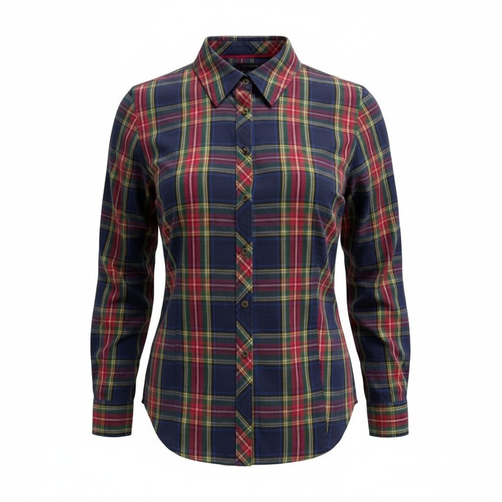 Talbots Plaid Button Down Shirt Women 12 Navy Blue Red Green Tartan Long Sleeve